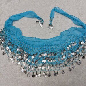 Belly Dancer Hip Waist Scarf Chiffon Blue W/ Silver Tone Coins